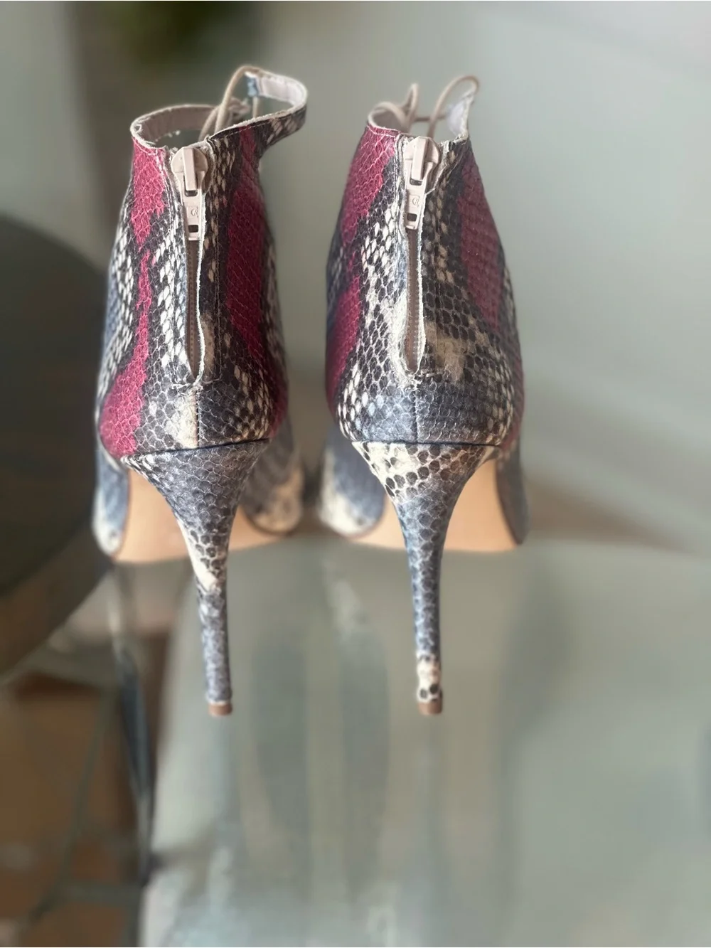 Zara Snake-Print Lace-Up leather Stiletto Heels in Pink and Neutral sz 39 (8 US)